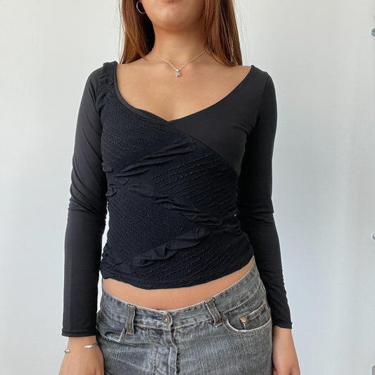 Black V Neck Textured Long Sleeve Top