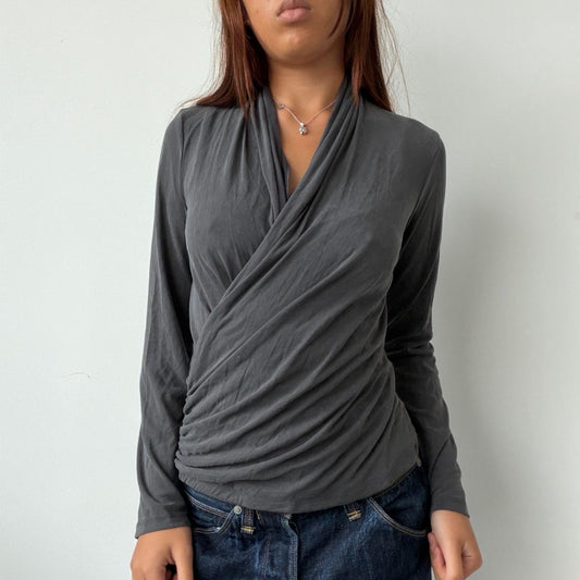 Vintage Grey Gathered Open Neck Top
