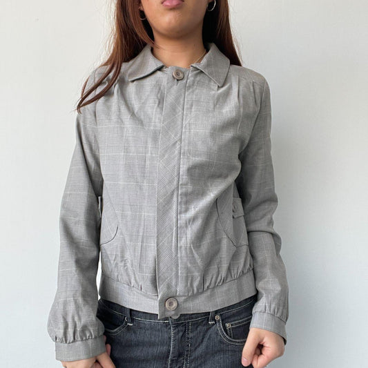 Grey Checkered Collared Bomber Jacket