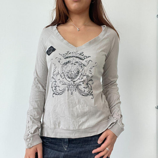 Grey V-Neck Graphic Long Sleeve