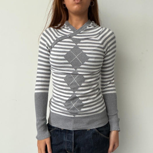 Vintage Grey Stripe Hooded Knit