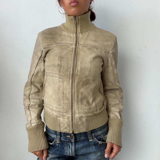 Vintage Beige Lined Leather Jacket