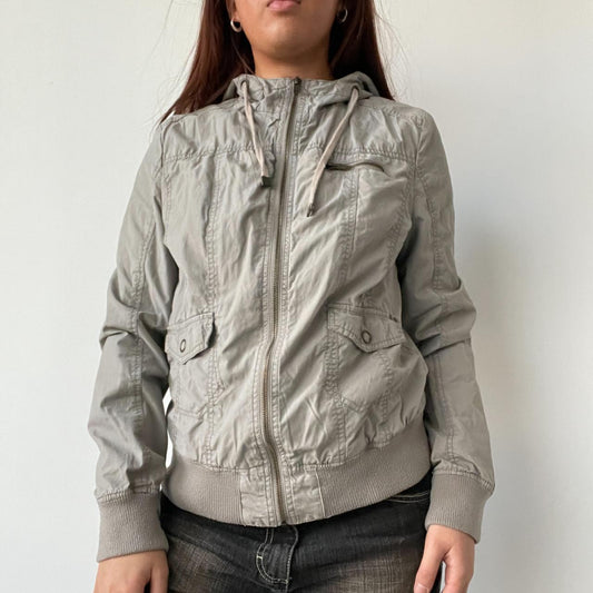 Light Khaki Hooded Utility Bomber Jacket