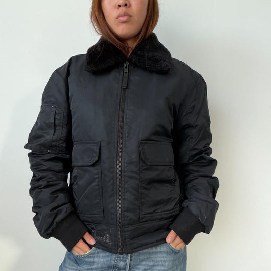Vintage Black Collared Bomber Jacket