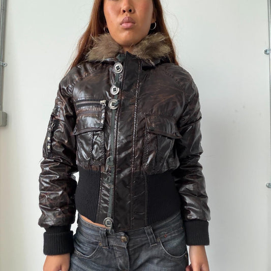 Vintage Brown Hooded Bomber Jacket