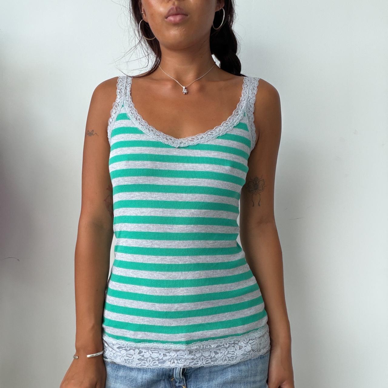 Vintage Green Striped Lace Trim Top