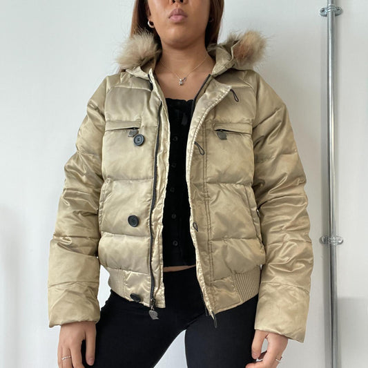 Gold Shiny Fur Hooded Puffer Jacket