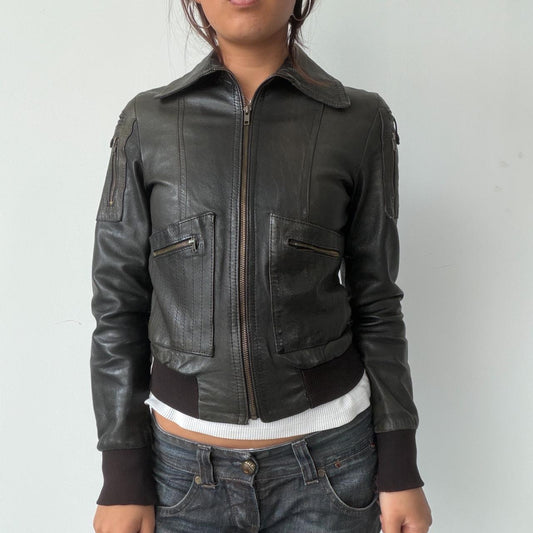 Vintage Black Leather Zip Up