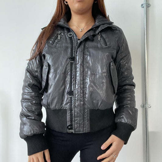 Black Shiny Puffer Bomber Jacket