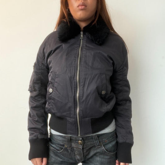 Vintage Black Fur Trim Bomber