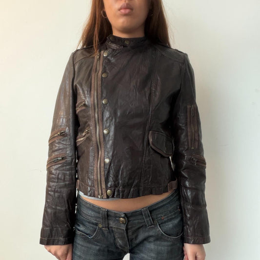 Vintage Brown Asymmetric Leather Jacket