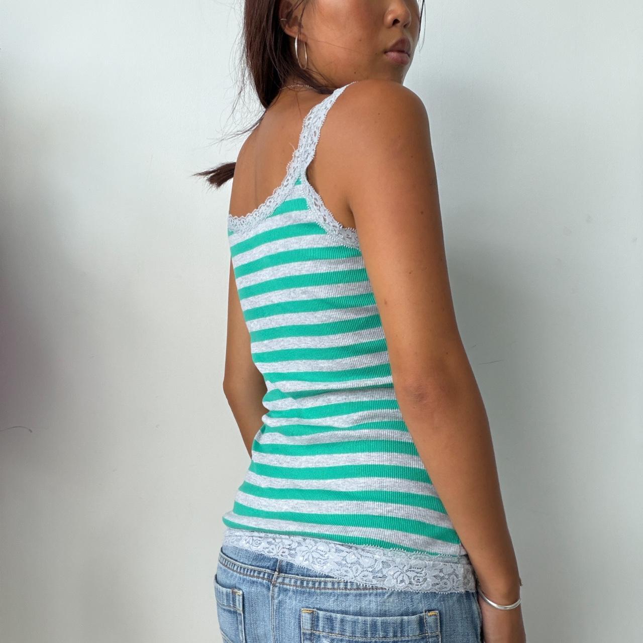 Vintage Green Striped Lace Trim Top