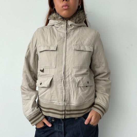 Vintage Beige Zip Up With Fur Hood