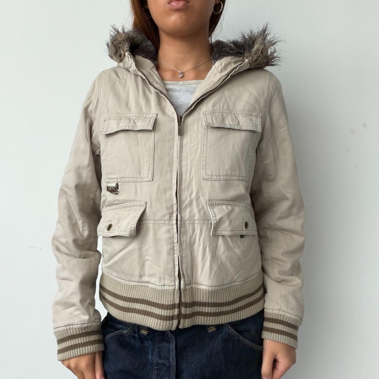 Vintage Beige Zip Up With Fur Hood