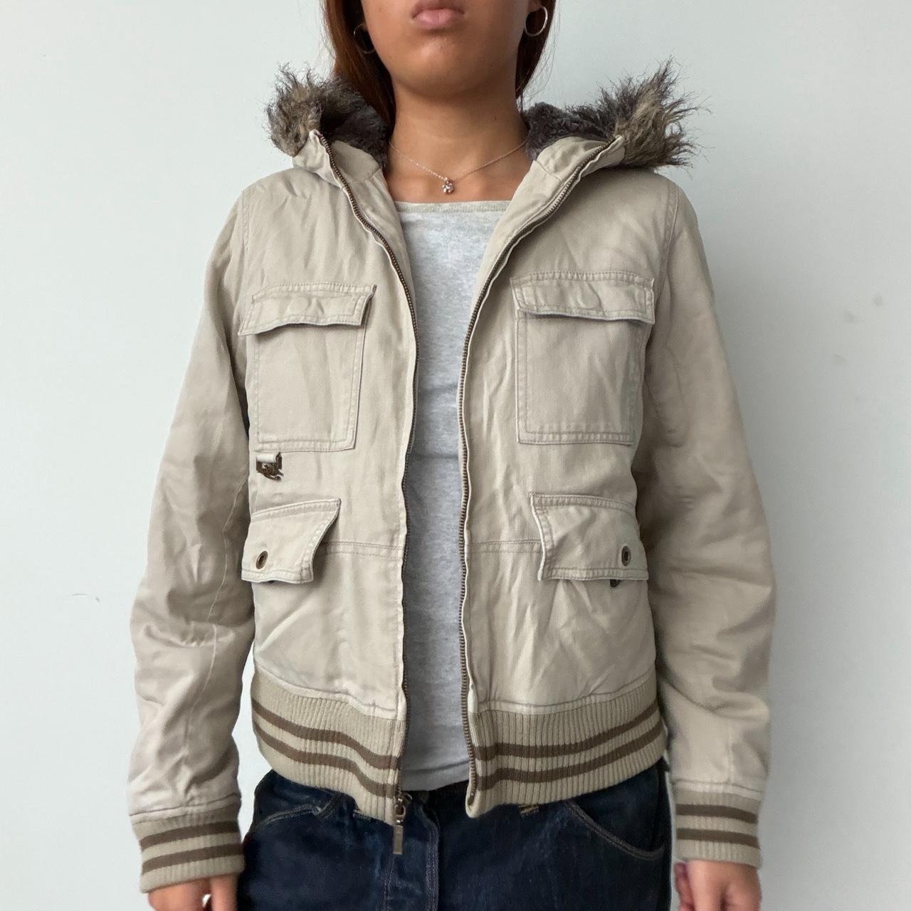 Vintage Beige Zip Up With Fur Hood