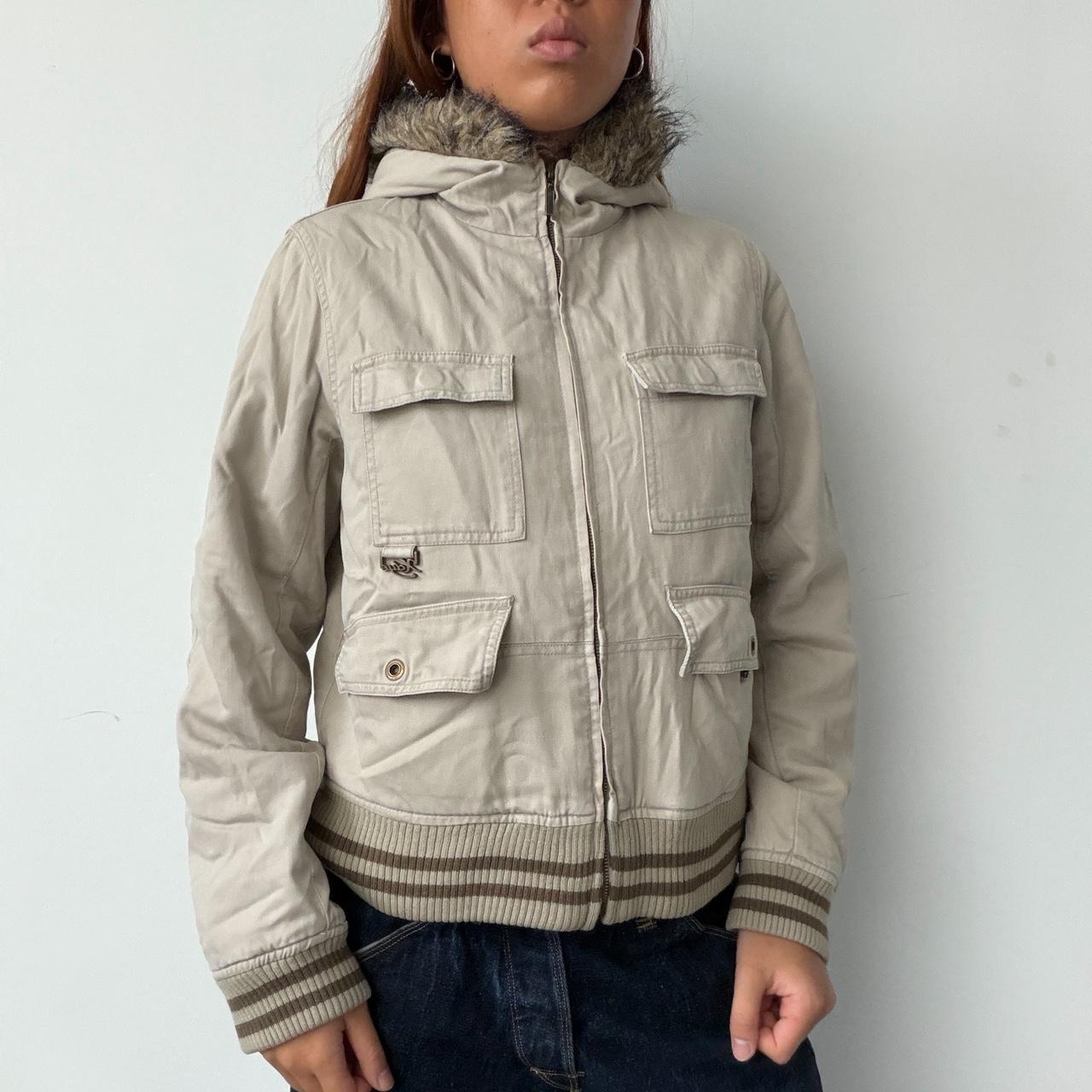 Vintage Beige Zip Up With Fur Hood