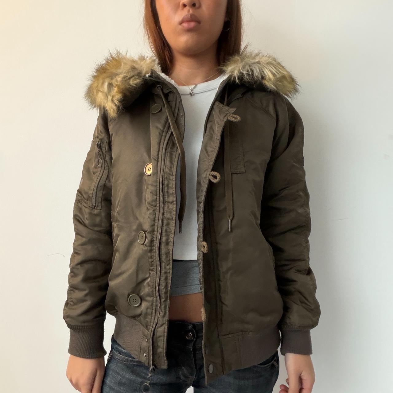 Vintage Khaki Fur Trim Jacket