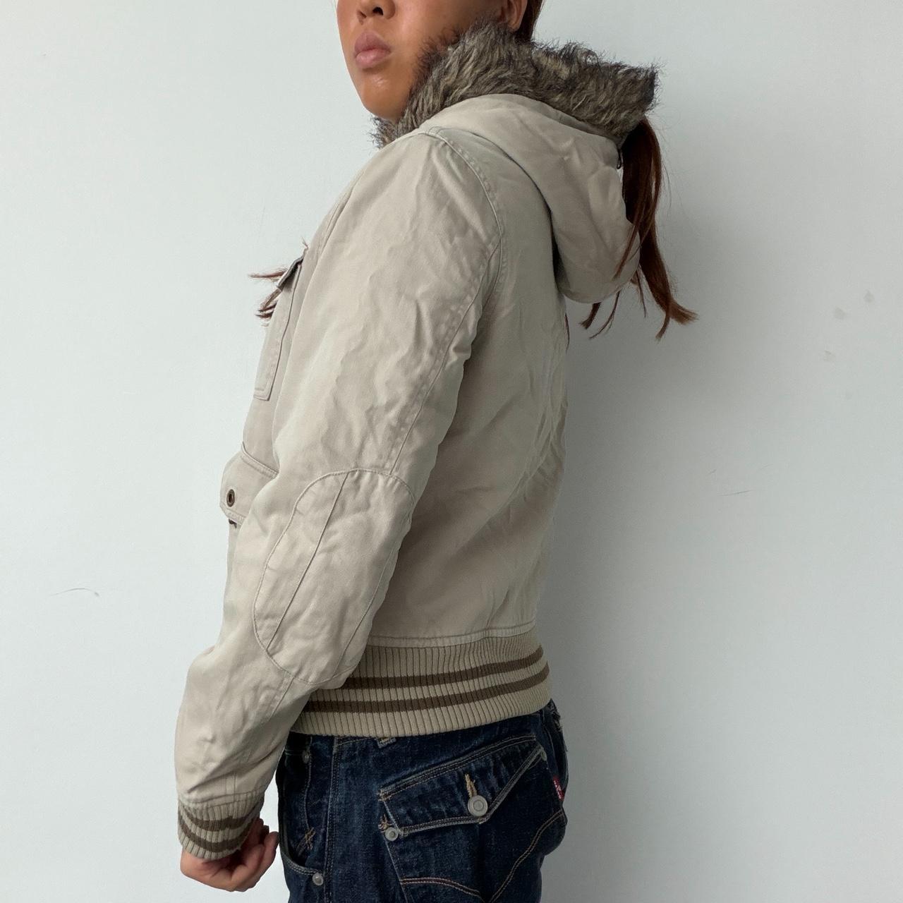 Vintage Beige Zip Up With Fur Hood