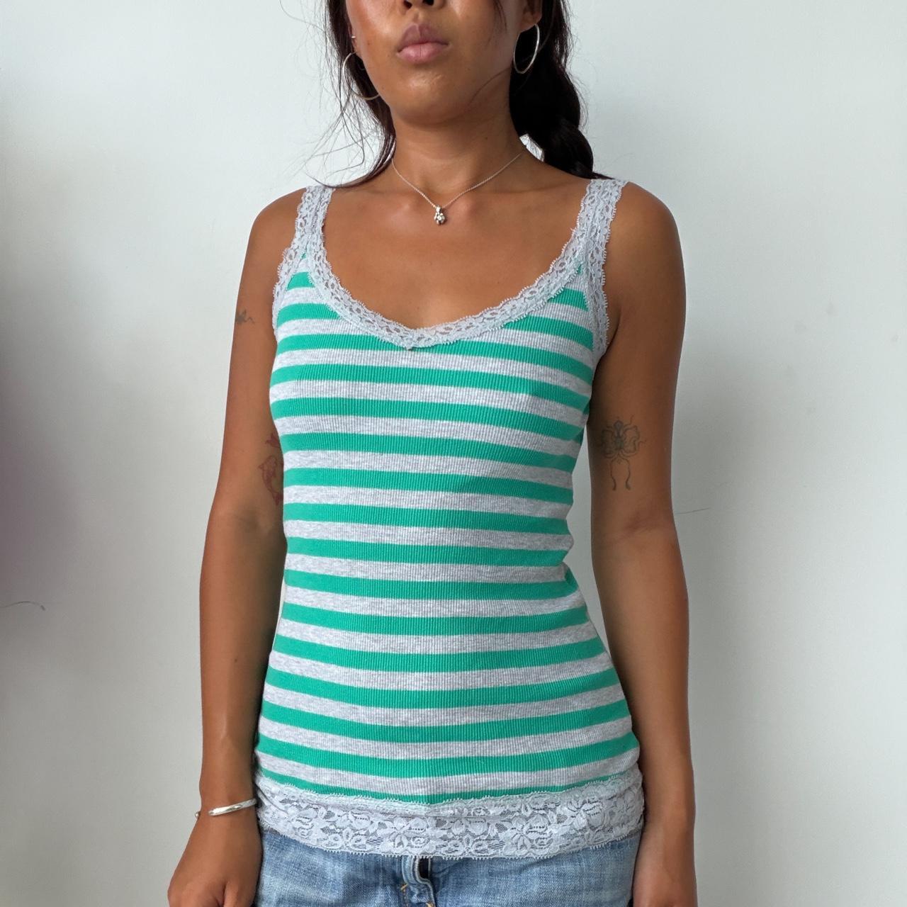 Vintage Green Striped Lace Trim Top