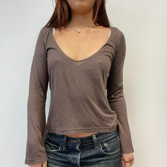 Brown V-Neck Long Sleeve Top