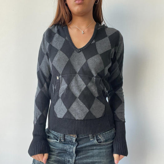 Black/Grey Argyle Knit Hoodie