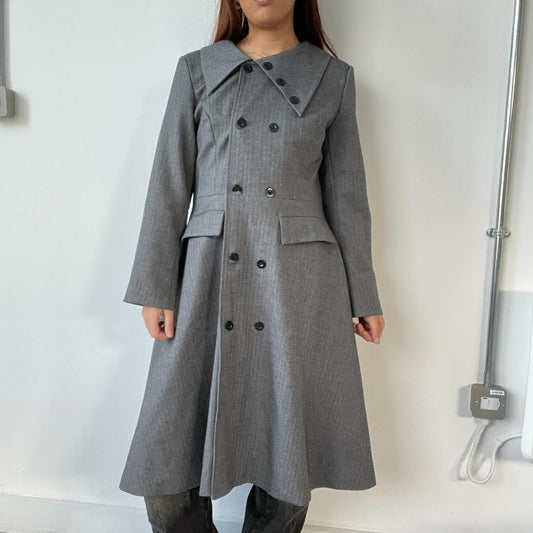 Grey Asymmetric Pinstripe Trench Coat