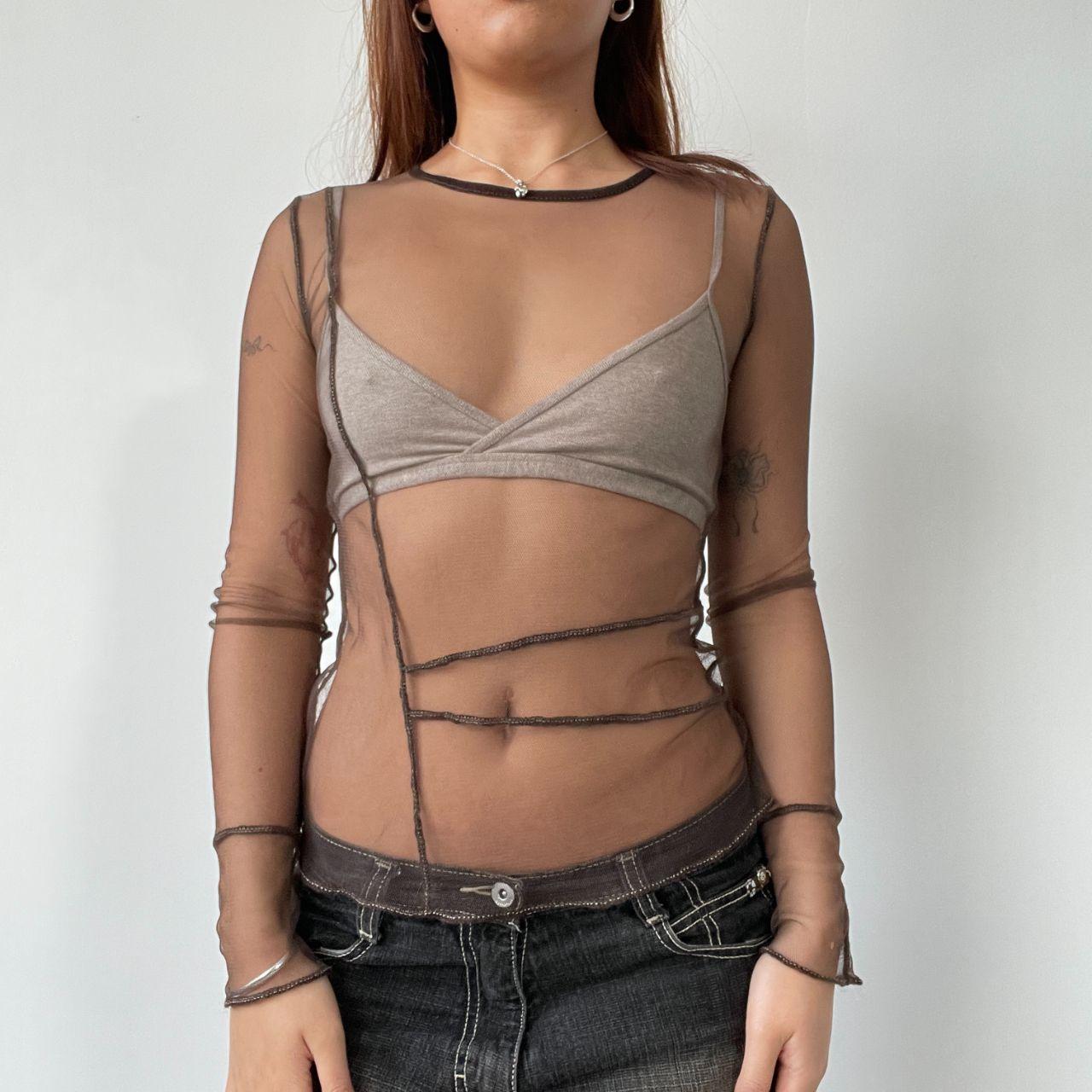 Brown Sheer Long Sleeve Mesh Top