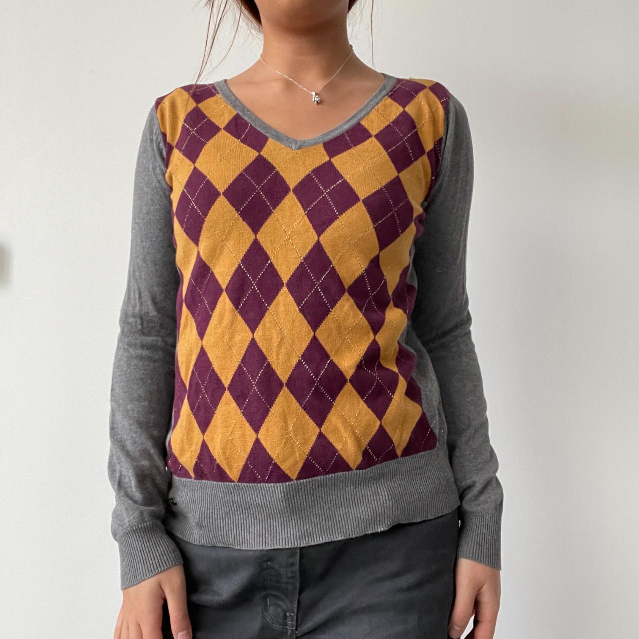 Grey Contrast Argyle Knit Jumper