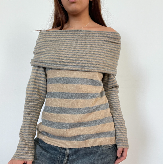 Vintage Bardot Beige Grey Knit Jumper