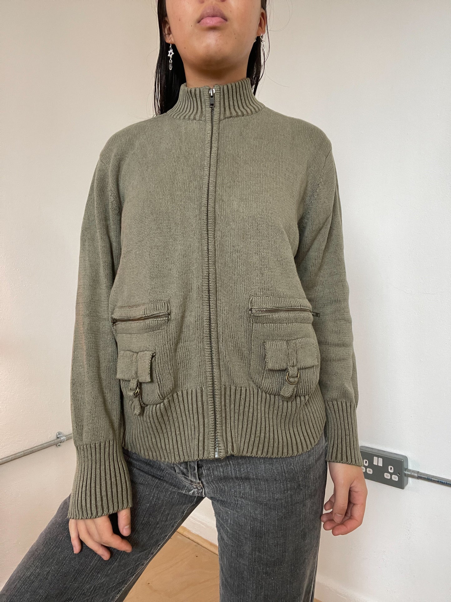 Khaki zip up knit jumper