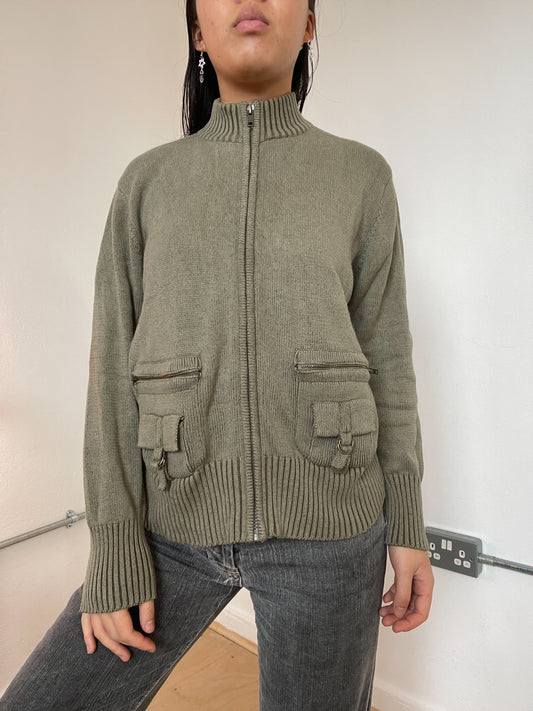 Khaki zip up knit jumper