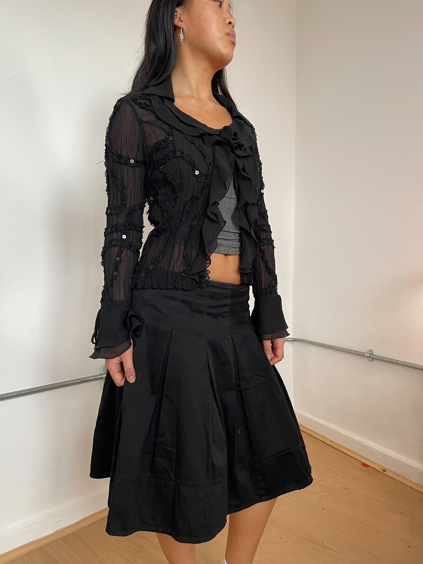 Black sheer frill bolero top with sequins