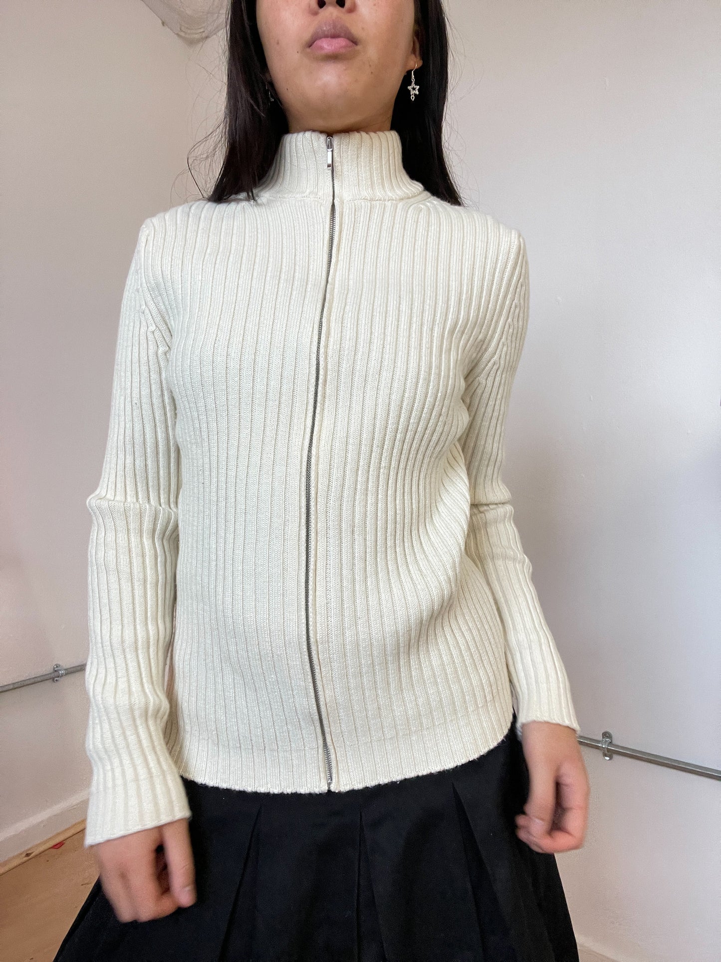 Cream beige zip up knit ribbed jumper